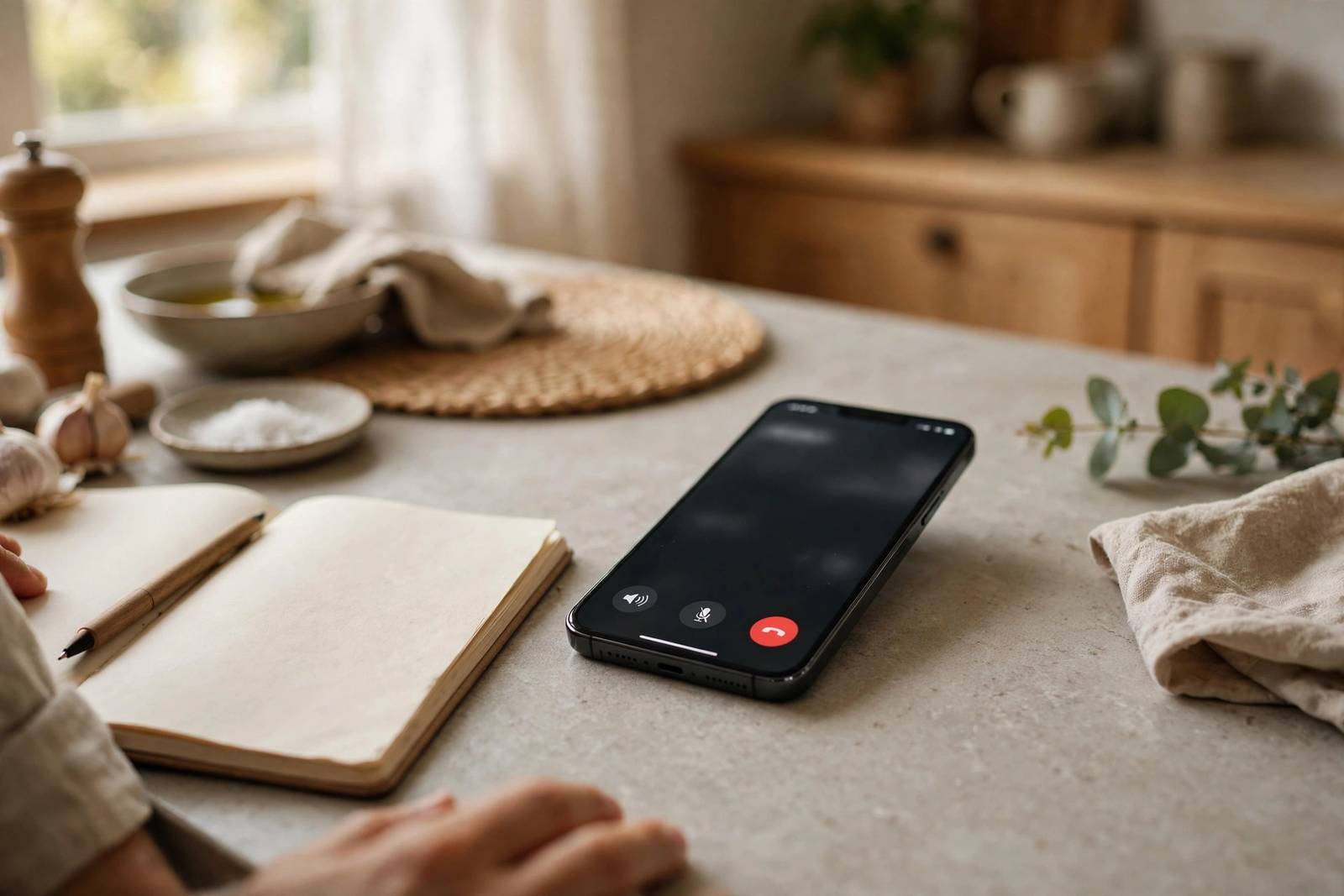 Smartphone showing an active call on a kitchen counter in a home