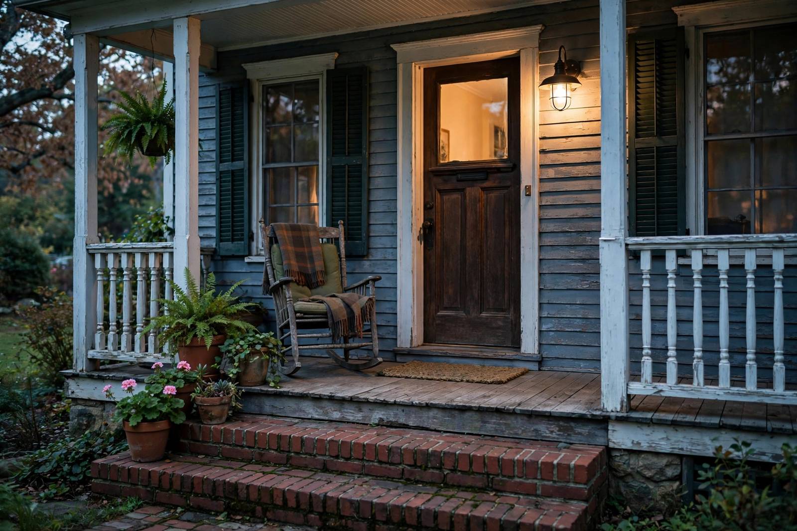 Welcoming front porch of an older home at dusk