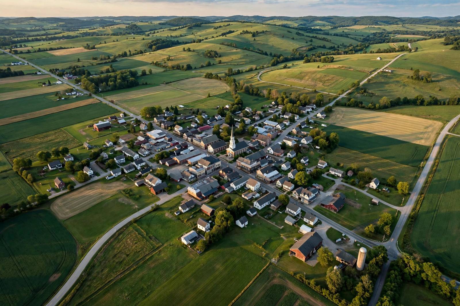 Aerial view of a small town surrounded by farmland