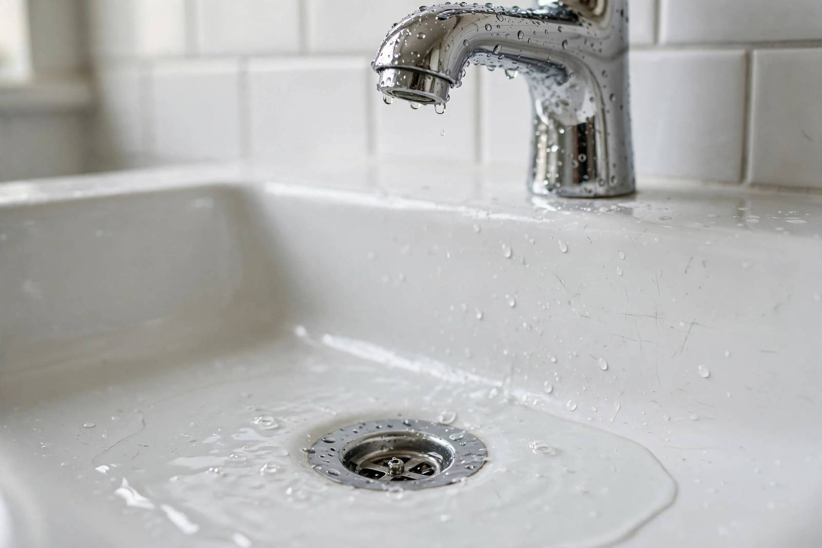 Bathroom sink drain with water pooling in a home, showing a slow bathroom drain