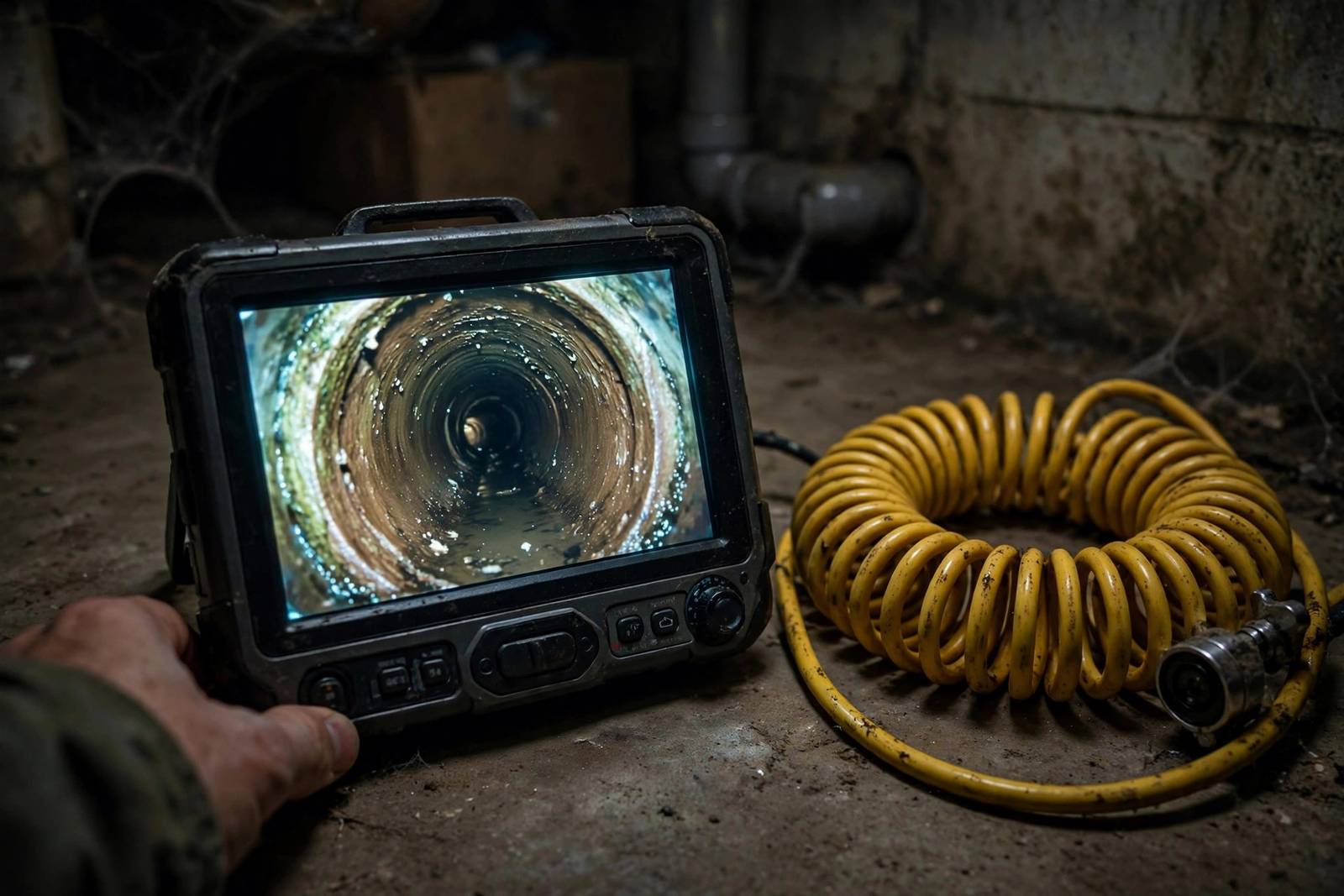 Drain inspection camera monitor showing the inside of a pipe in a home basement