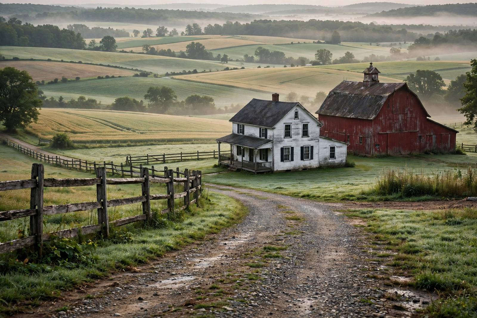 Rural farmhouse with red barn and rolling farmland