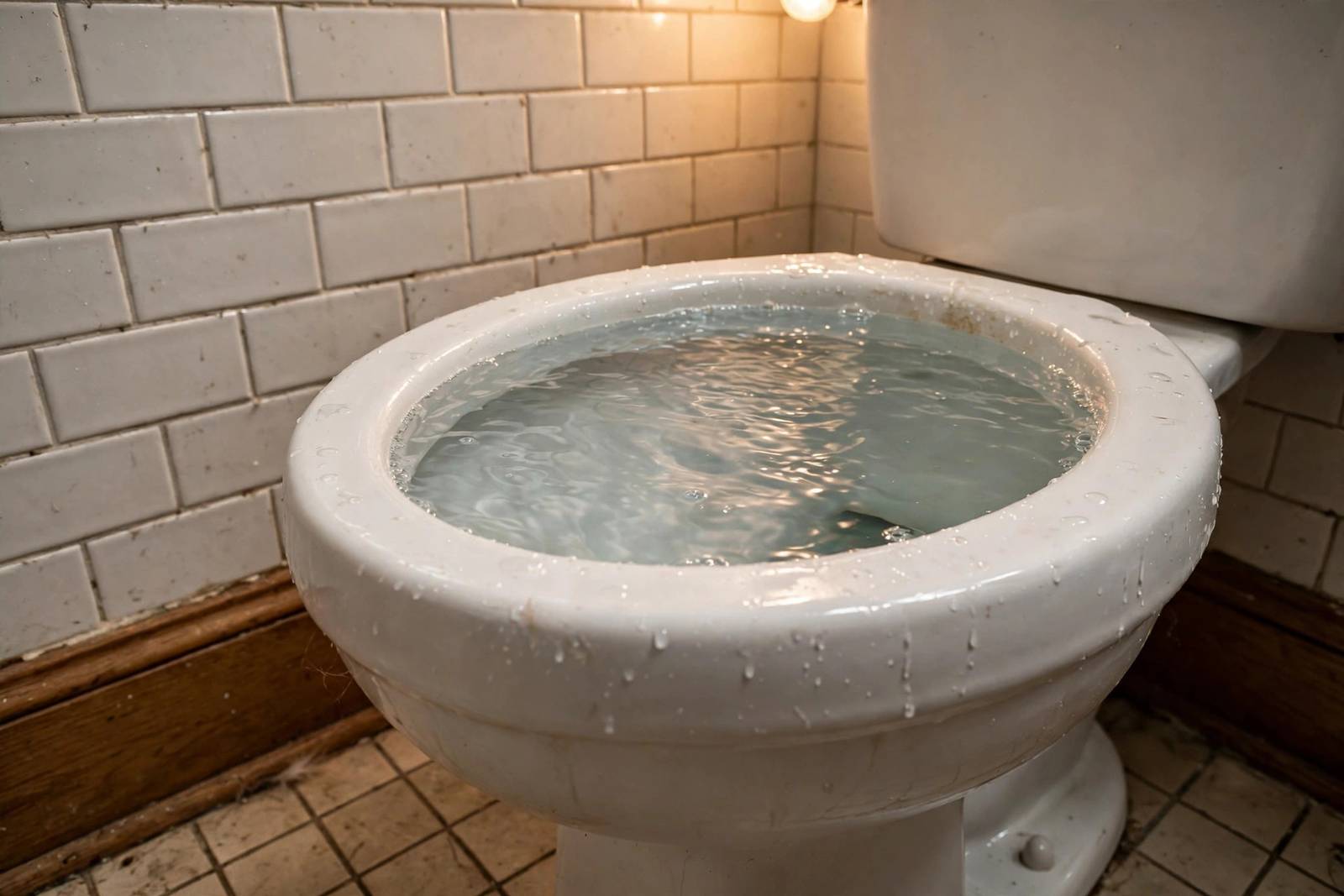 Toilet bowl with water rising high in a home bathroom during a drain emergency