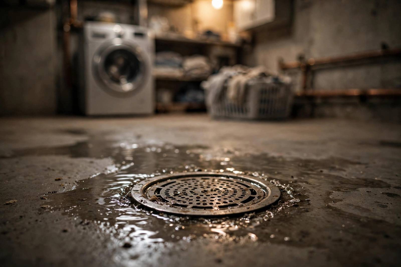 Basement floor drain with water spreading across concrete near a laundry area in a home