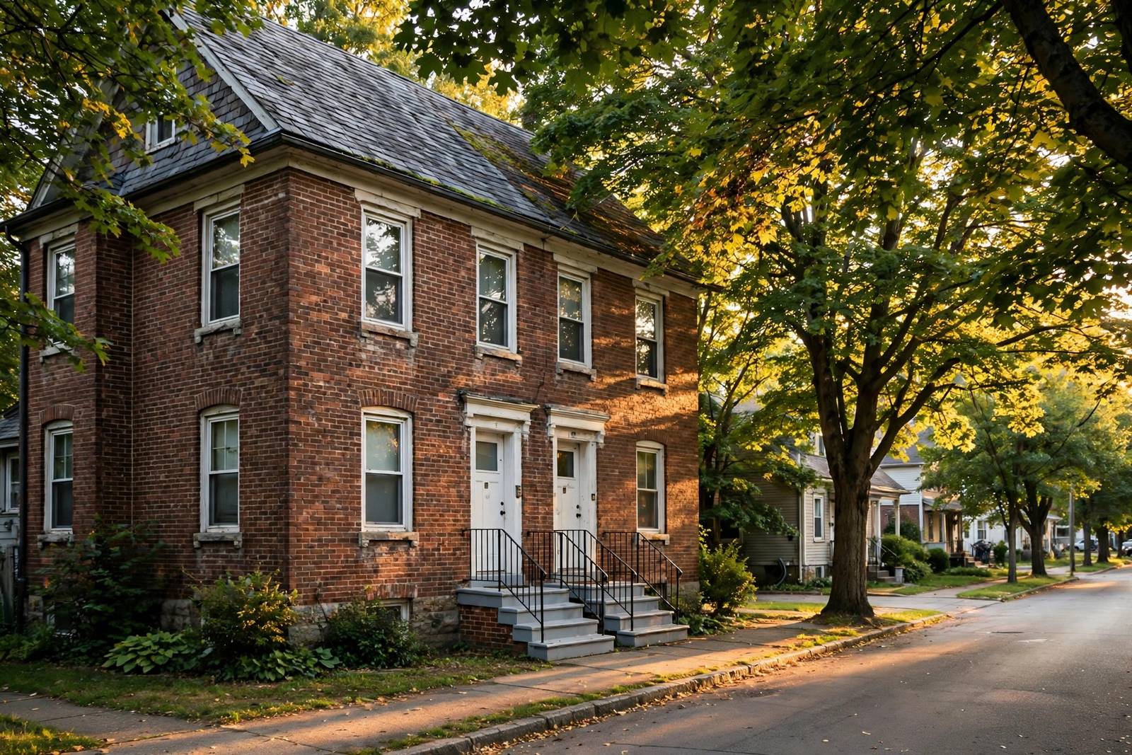 Older brick home on a tree lined residential street