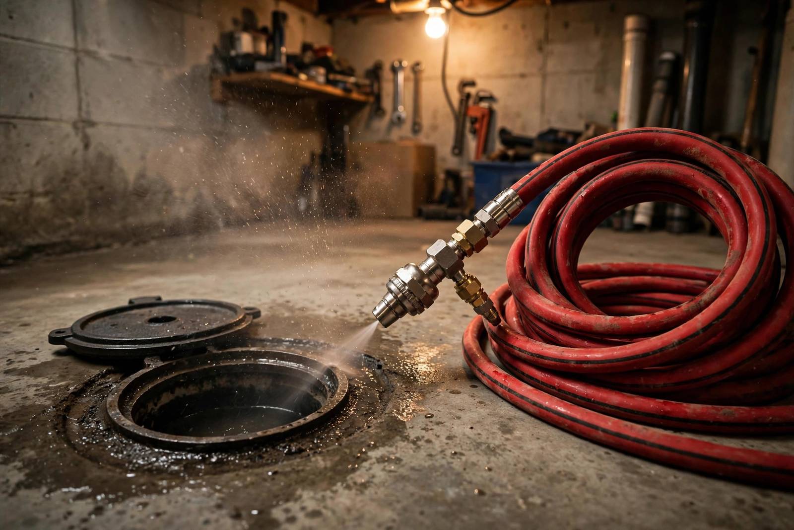 Hydro jetting hose and nozzle beside an open basement cleanout drain in a home