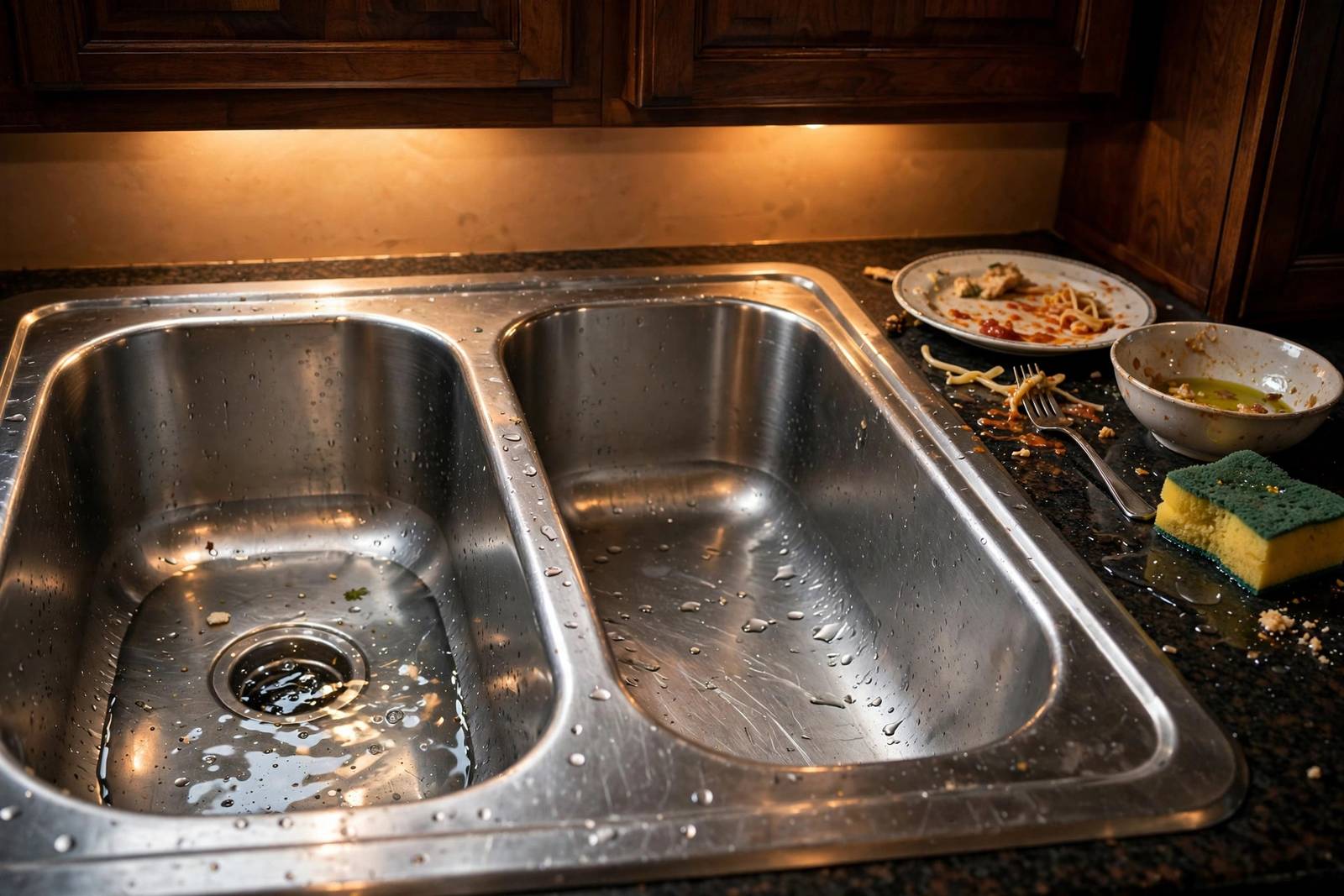 Double kitchen sink with standing water in a home, showing a slow kitchen drain