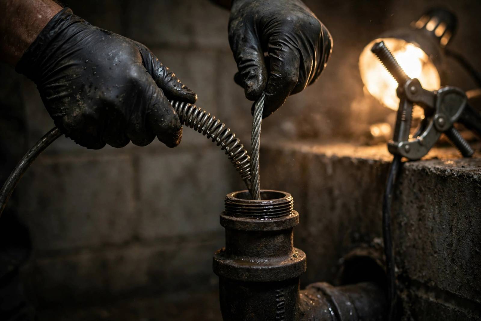 Gloved hands feeding a drain cleaning cable into a pipe cleanout in a home basement