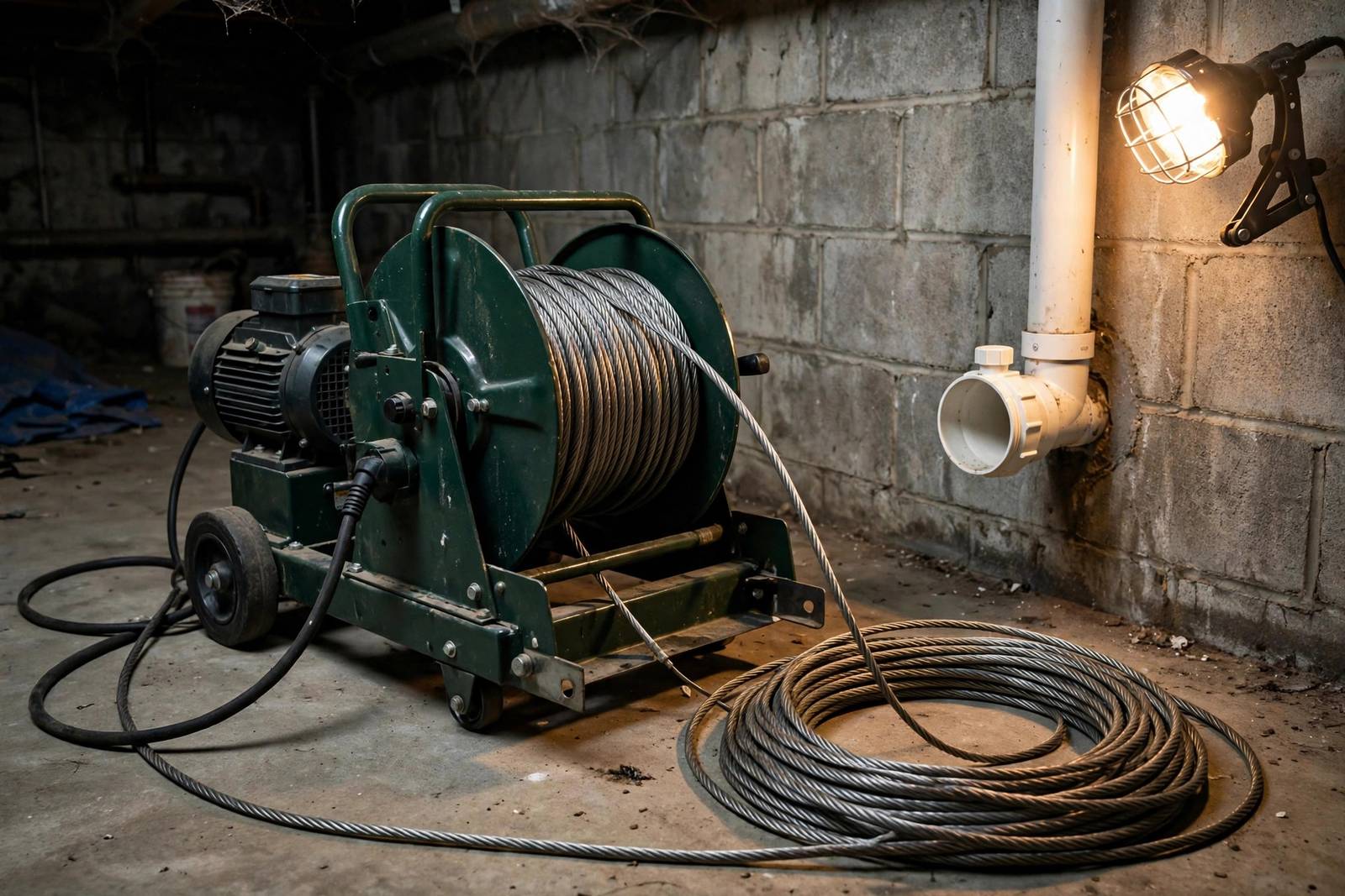 Drain cleaning cable machine beside a cleanout in a home basement