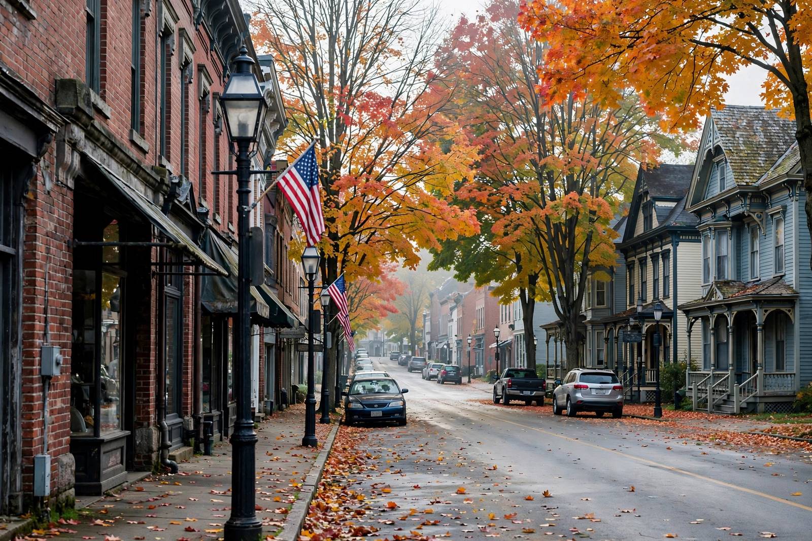 Brick storefronts and older homes on a small-town main street