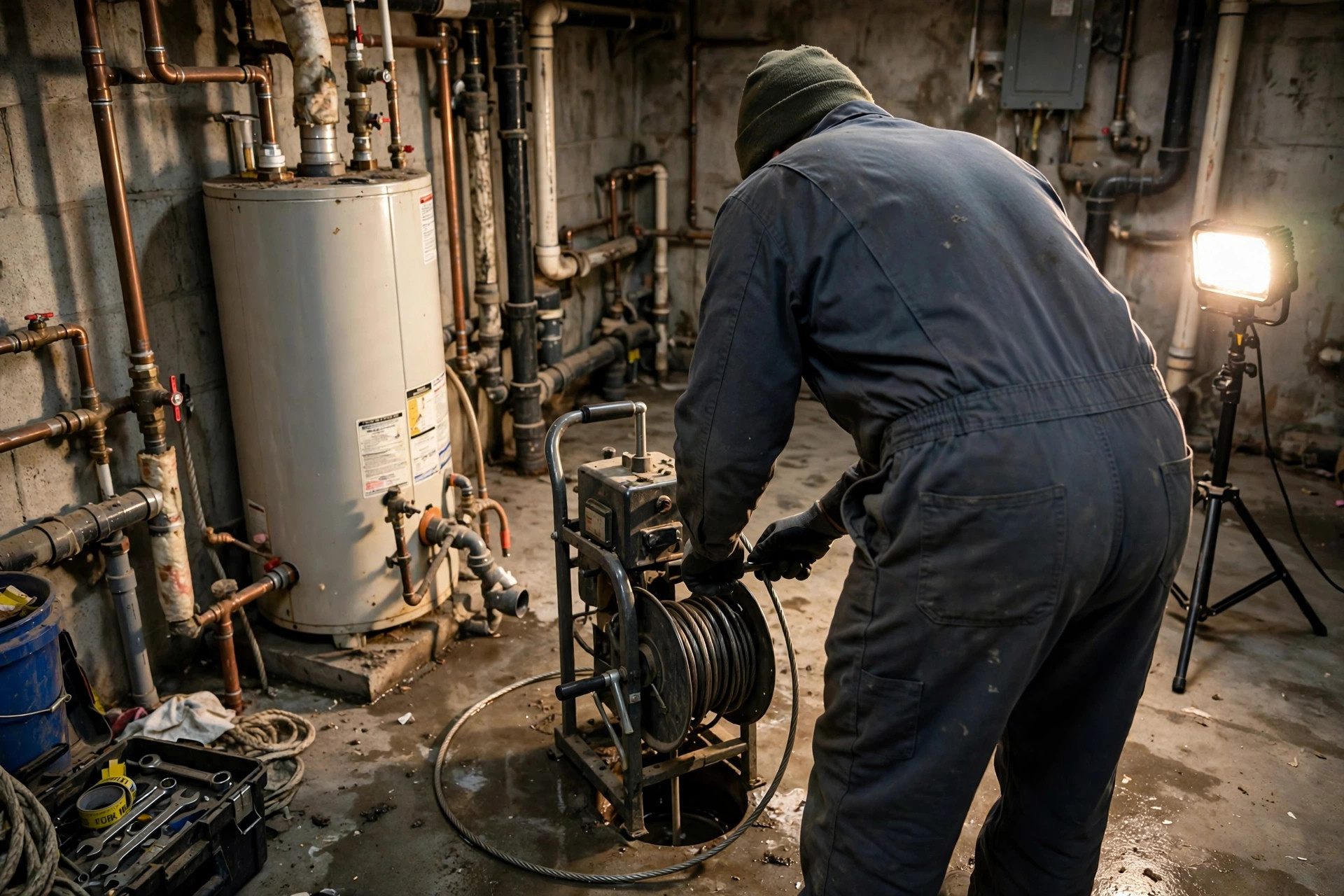 Technician working a drain cleaning cable machine in a home basement
